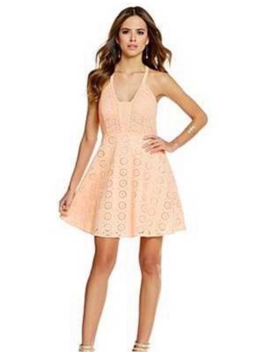 Gianni Bini Matilda Eyelet Lace Fit-n-Flare Halter Dress Soft Peach